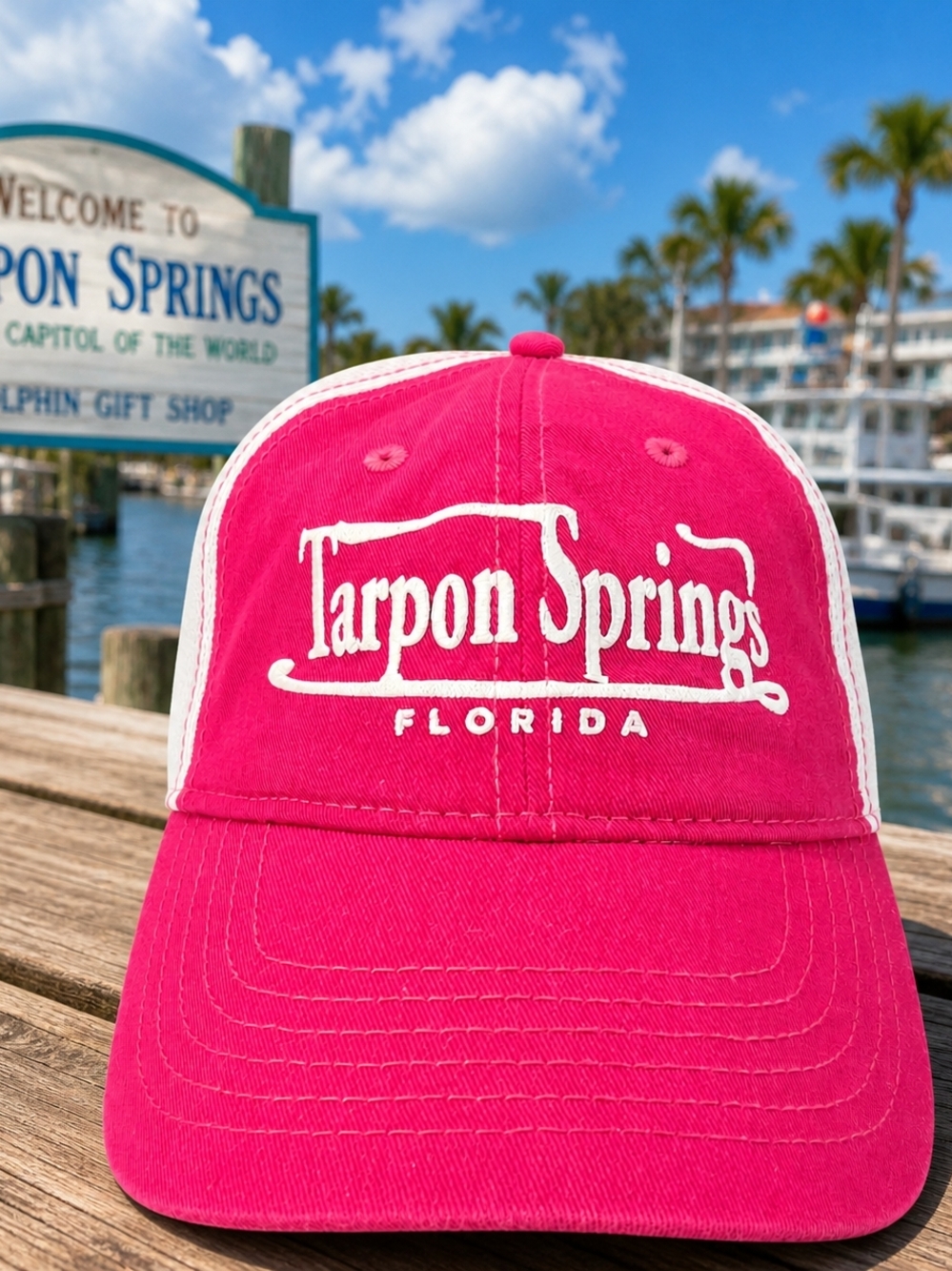 Tarpon Springs Florida Pink Trucker Hat Beach Vacation Snapback Cap
